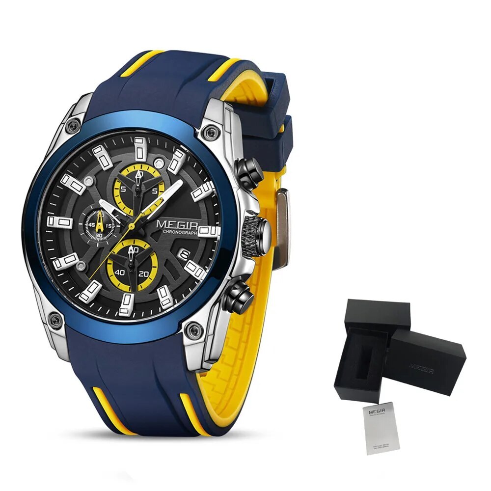 MEGIR Original Blue Sport Watches for Men Luxury Chronograph Man Military Quartz Wristwatch Clock Luminous Big Dial Reloj Hombre 2144