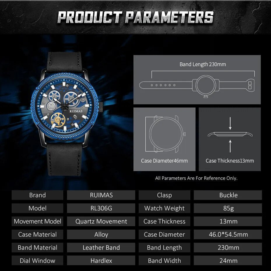 RUIMAS Relogio Masculino Luxury Leather Band Quartz Wristwatch Men Big Dial Moda Watches Waterproof Sport Military Reloj Hombre 306