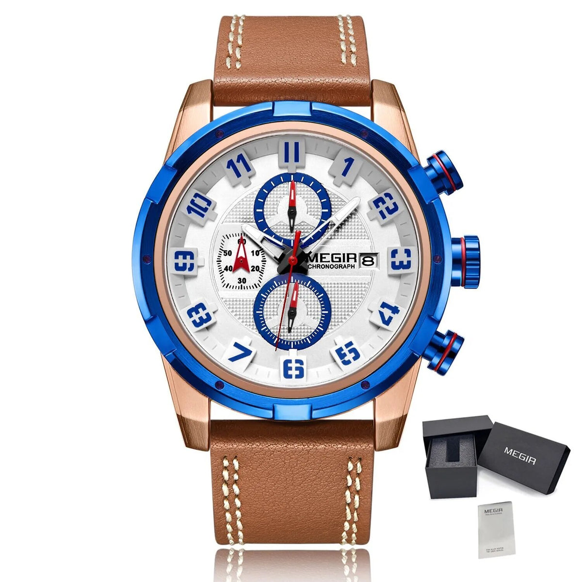 MEGIR Sport Watch for Men Leather Strap Quartz Military Wristwatch with Chronograph Waterproof Calendar Clock Reloj Hombre 2082