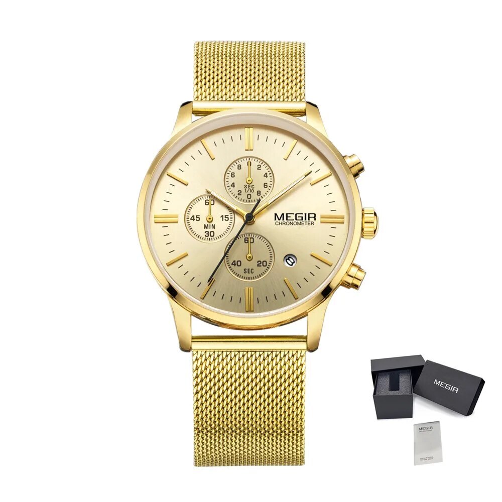 MEGIR Men's Quartz Watch Luxury Steel Mesh Bracelet Wristwatch Waterproof Business Casual Clock Date Chronograph Reloj Hombre 2011
