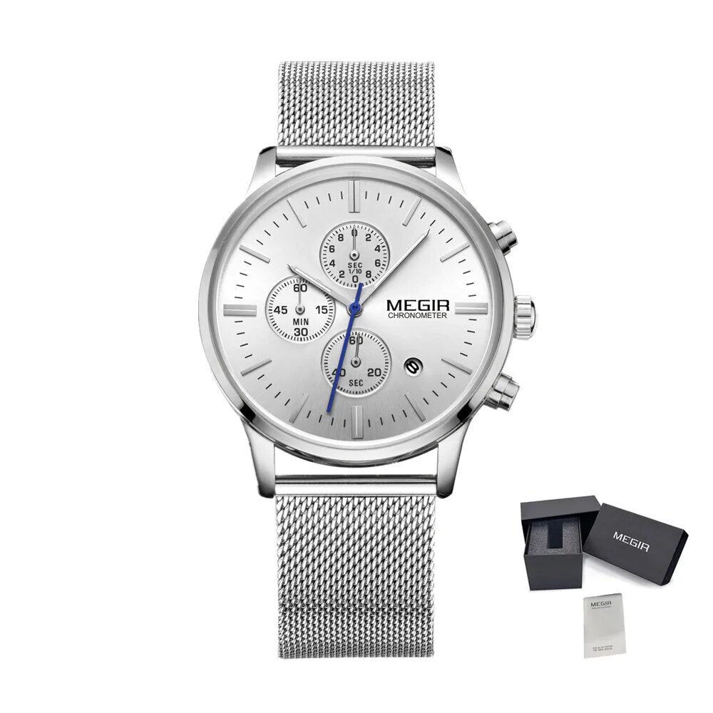 MEGIR Men's Quartz Watch Luxury Steel Mesh Bracelet Wristwatch Waterproof Business Casual Clock Date Chronograph Reloj Hombre 2011