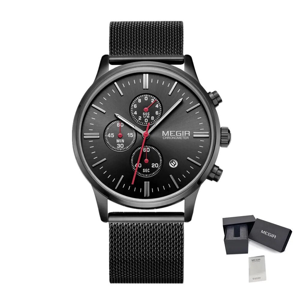 MEGIR Men's Quartz Watch Luxury Steel Mesh Bracelet Wristwatch Waterproof Business Casual Clock Date Chronograph Reloj Hombre 2011