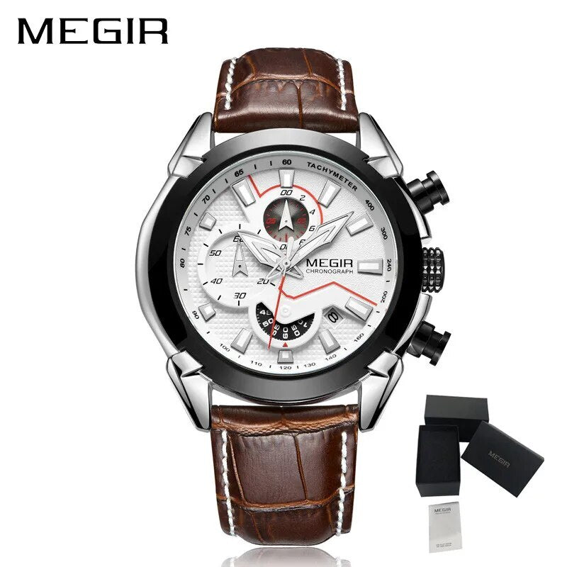 MEGIR Luxury Brand Military Sport Watches for Men Leather Strap Quartz Wristwatch Waterproof Date Chronograph Reloj Hombre 2065