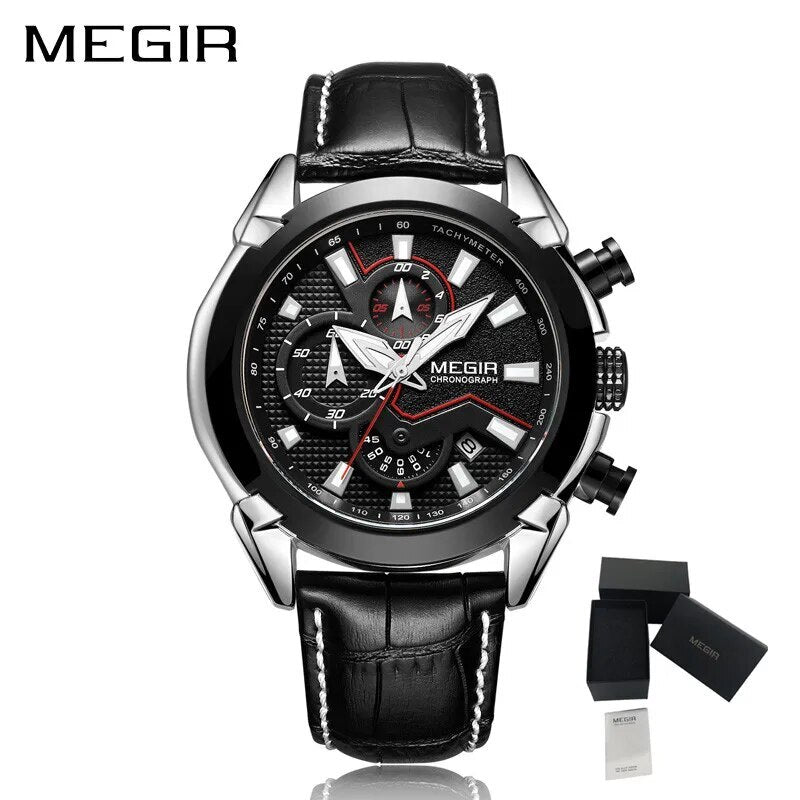 MEGIR Luxury Brand Military Sport Watches for Men Leather Strap Quartz Wristwatch Waterproof Date Chronograph Reloj Hombre 2065