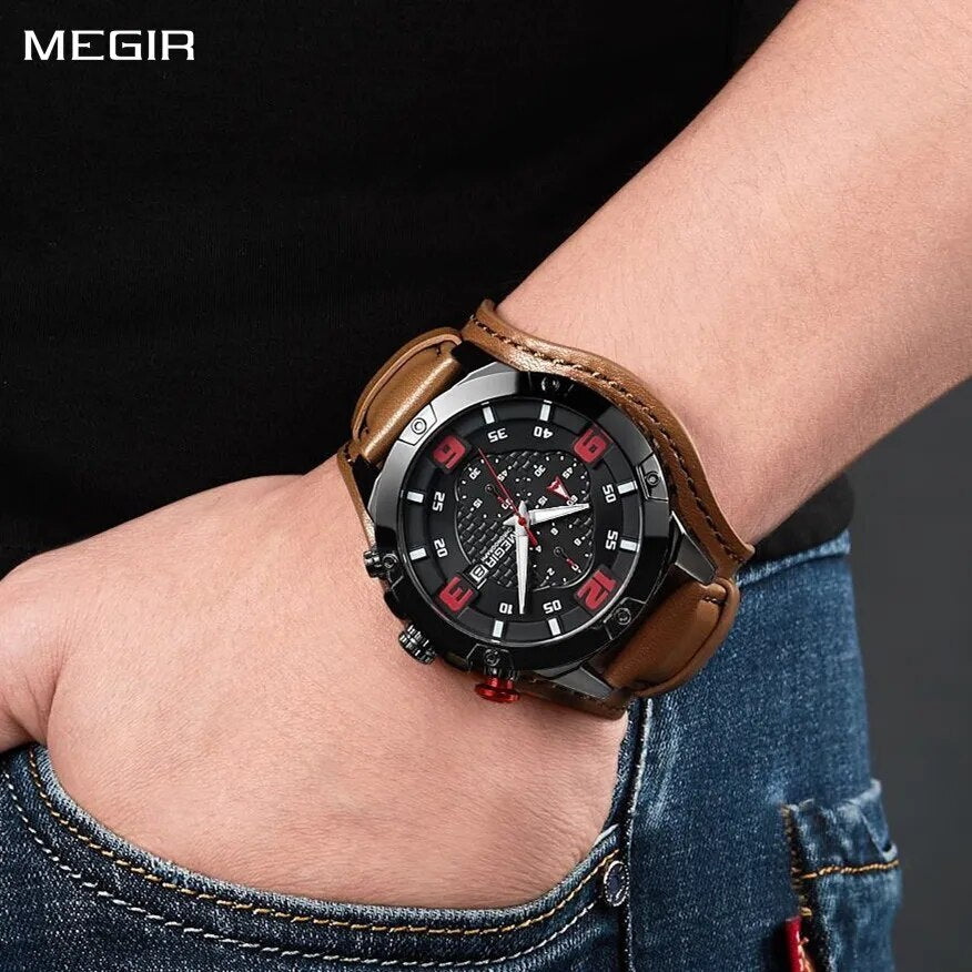 MEGIR Large Dial Watches for Men Luxury Brand Sports Chronograph Clock Waterproof Luminous Hands Quartz Wristwatch Reloj Hombre 2099