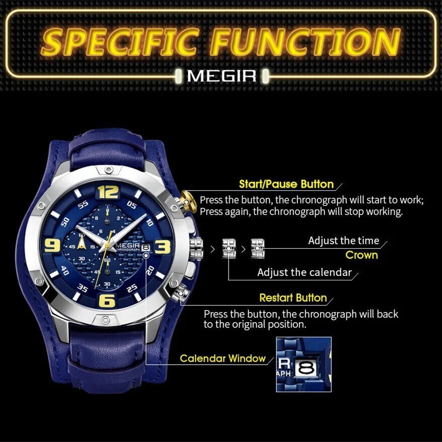 MEGIR Large Dial Watches for Men Luxury Brand Sports Chronograph Clock Waterproof Luminous Hands Quartz Wristwatch Reloj Hombre 2099