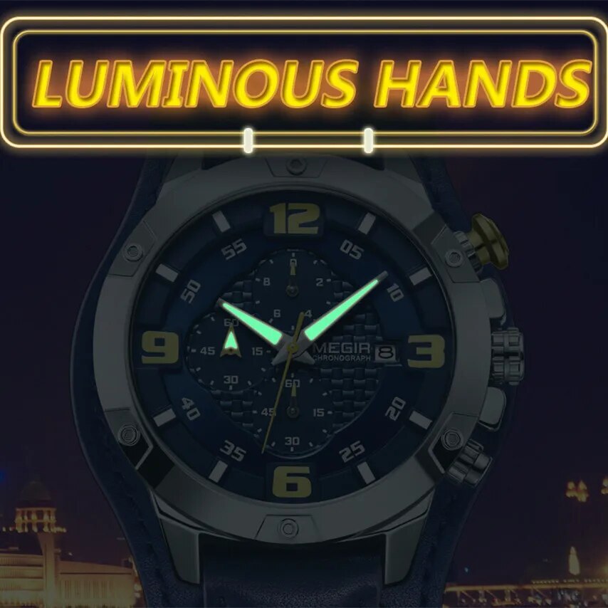 MEGIR Large Dial Watches for Men Luxury Brand Sports Chronograph Clock Waterproof Luminous Hands Quartz Wristwatch Reloj Hombre 2099