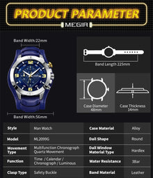 MEGIR Large Dial Watches for Men Luxury Brand Sports Chronograph Clock Waterproof Luminous Hands Quartz Wristwatch Reloj Hombre 2099