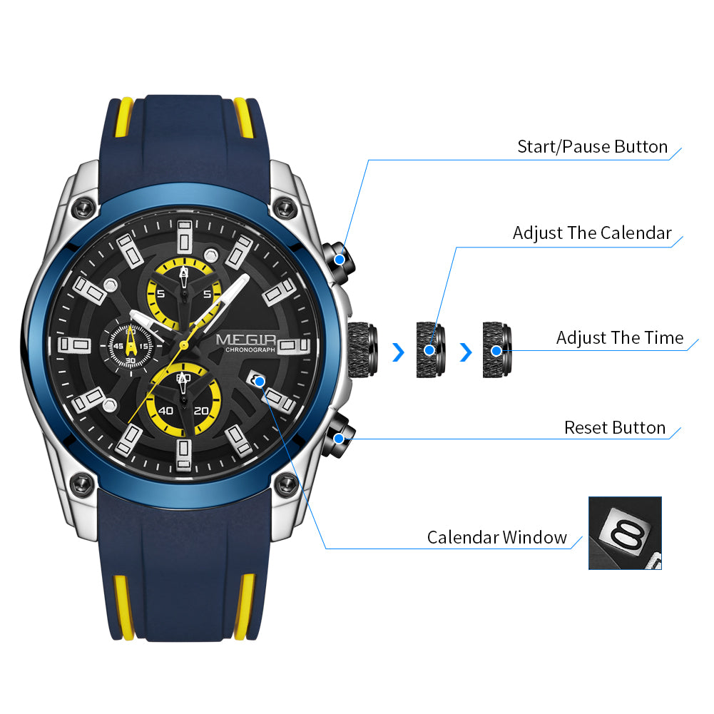 MEGIR Original Blue Sport Watches for Men Luxury Chronograph Man Military Quartz Wristwatch Clock Luminous Big Dial Reloj Hombre 2144