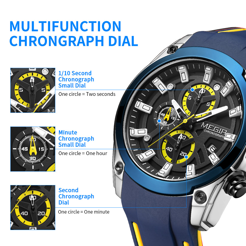 MEGIR Original Blue Sport Watches for Men Luxury Chronograph Man Military Quartz Wristwatch Clock Luminous Big Dial Reloj Hombre 2144