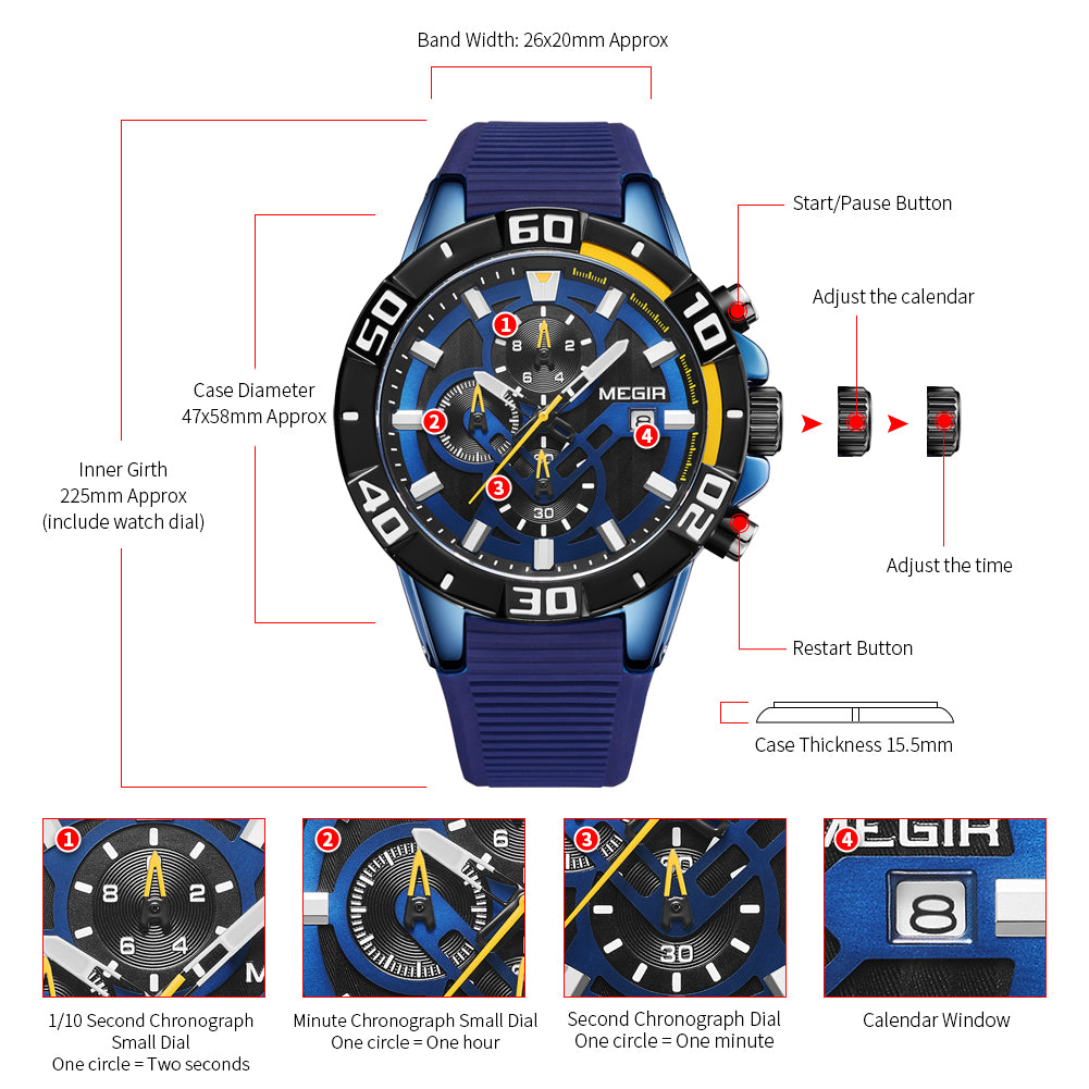 MEGIR Men Wristwatch Top Brand Luxury Silicone Strap Sport Watches Waterproof Luminous Quartz Clock Chronograph Reloj Hombre 2121