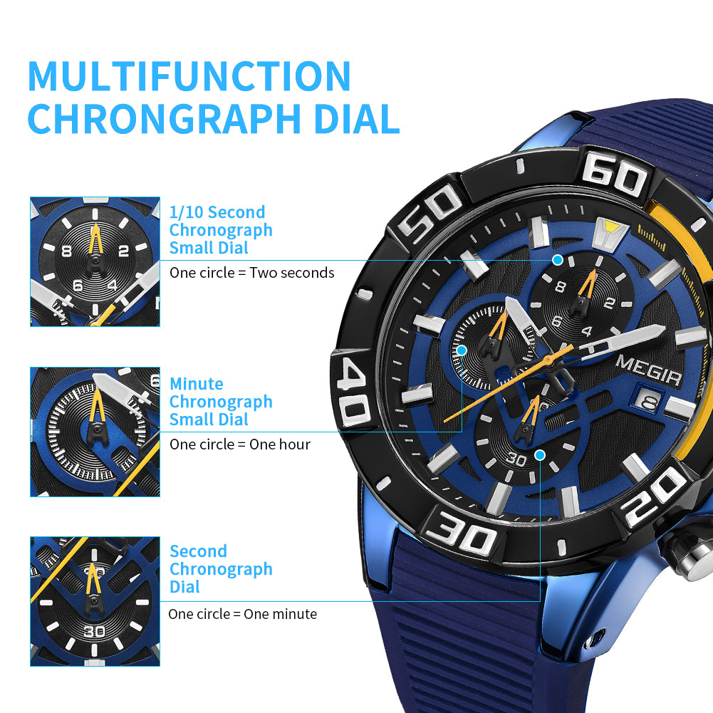 MEGIR Men Wristwatch Top Brand Luxury Silicone Strap Sport Watches Waterproof Luminous Quartz Clock Chronograph Reloj Hombre 2121