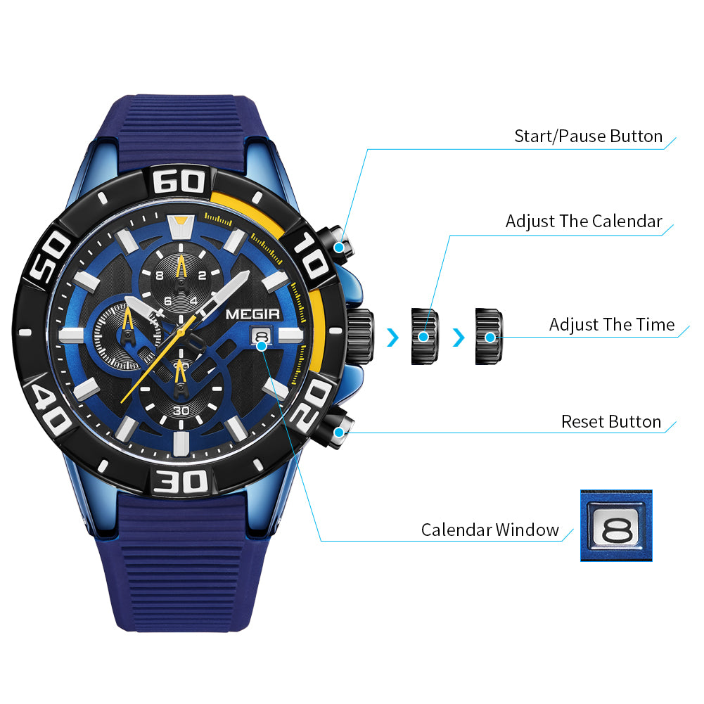 MEGIR Men Wristwatch Top Brand Luxury Silicone Strap Sport Watches Waterproof Luminous Quartz Clock Chronograph Reloj Hombre 2121
