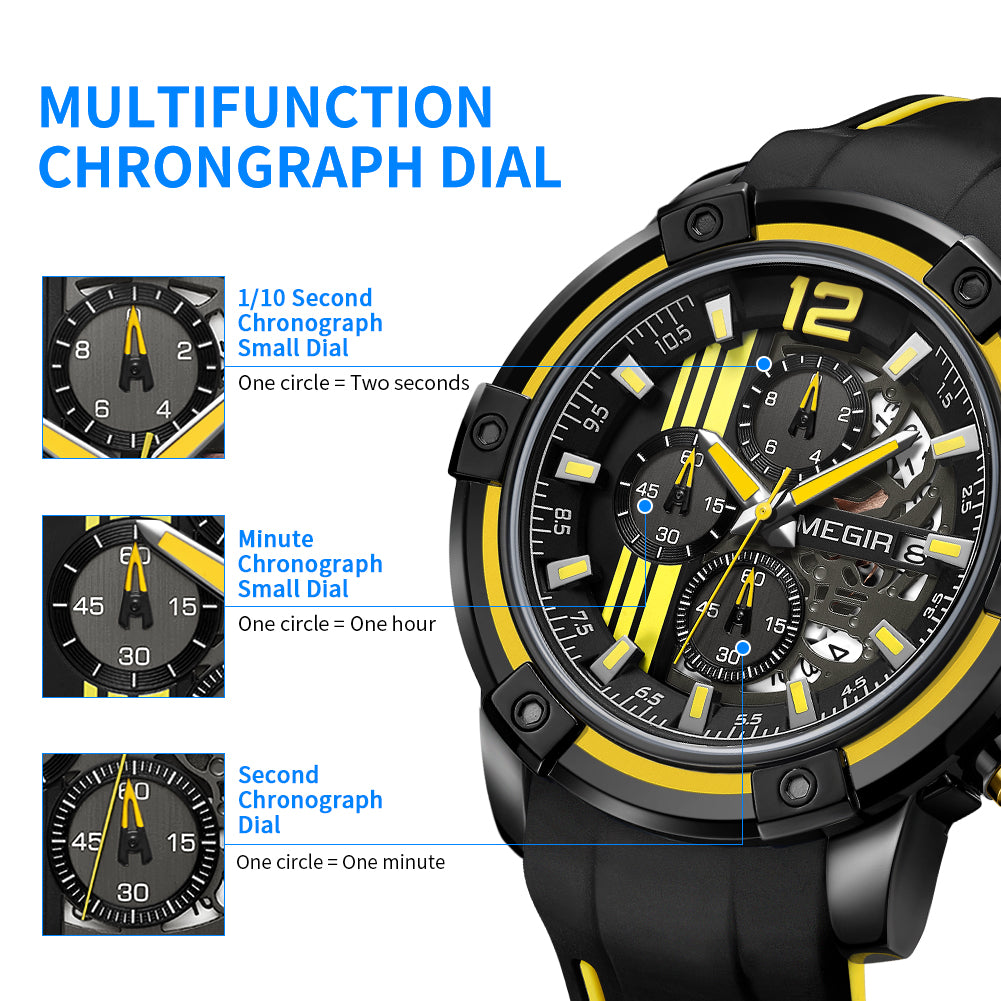 MEGIR Chronograph Mens Sport Watches with Silicone Band Big Dial Military Quartz Watch Men Clock Relogio Masculino Reloj Hombre 2097