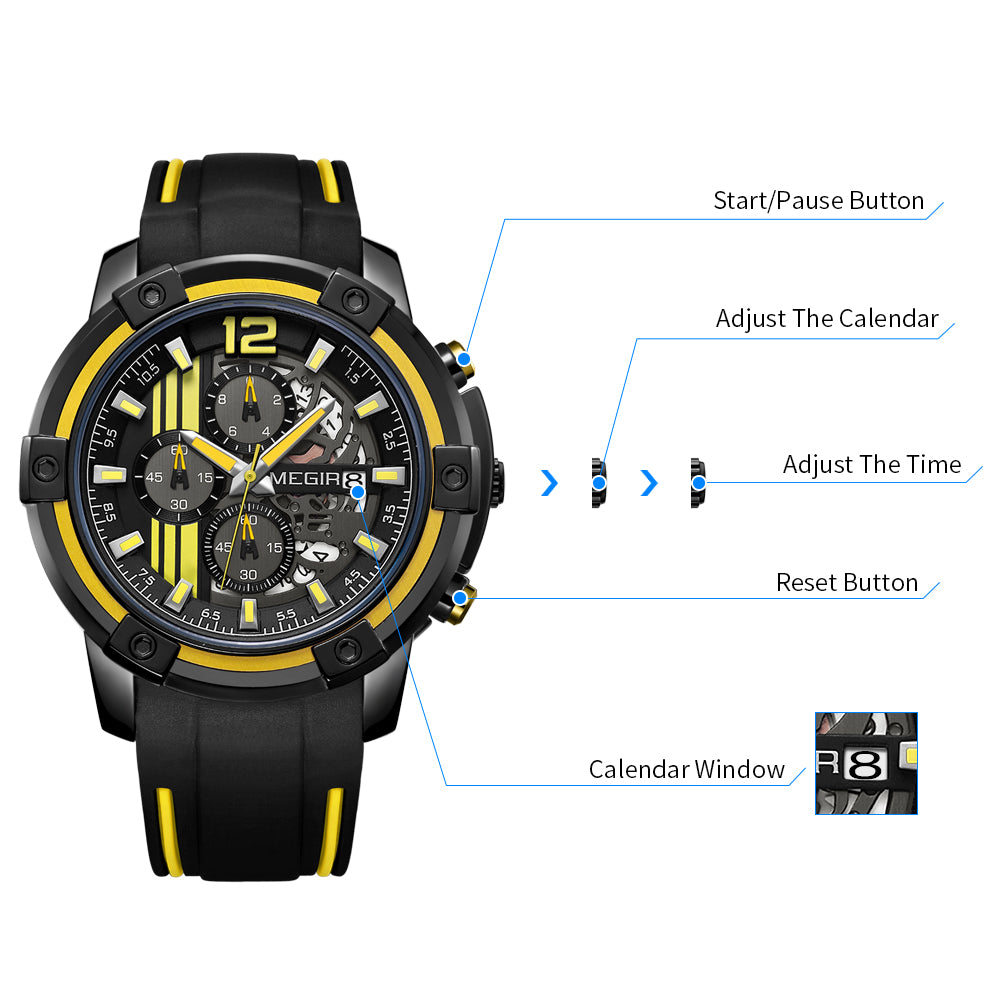MEGIR Chronograph Mens Sport Watches with Silicone Band Big Dial Military Quartz Watch Men Clock Relogio Masculino Reloj Hombre 2097