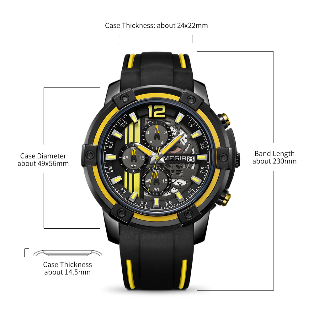 MEGIR Chronograph Mens Sport Watches with Silicone Band Big Dial Military Quartz Watch Men Clock Relogio Masculino Reloj Hombre 2097