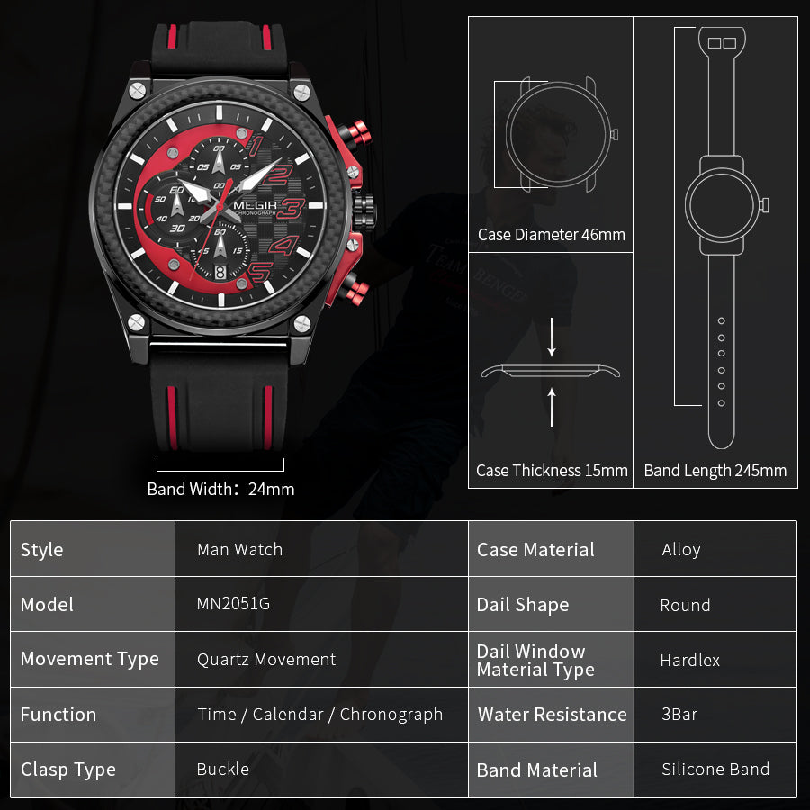 MEGIR Chronograph Sports Watch Men Silicone Military Watches Waterproof Date Clock Fashion Quartz Wristwatches Reloj Hombre 2051