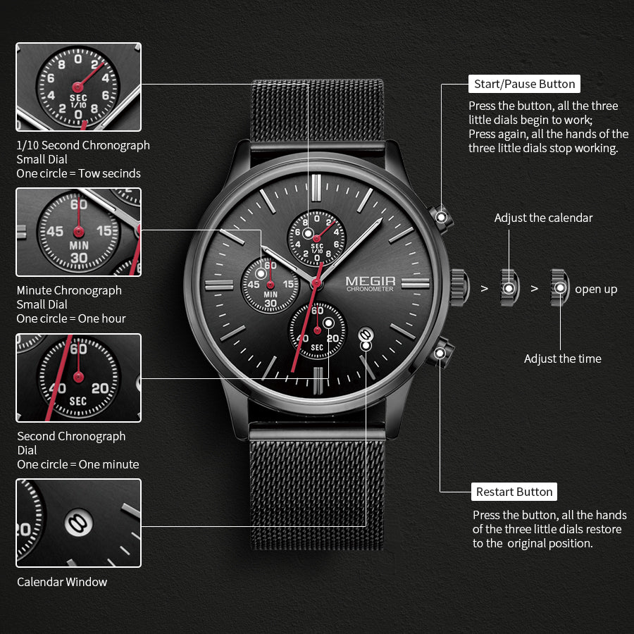 MEGIR Men's Quartz Watch Luxury Steel Mesh Bracelet Wristwatch Waterproof Business Casual Clock Date Chronograph Reloj Hombre 2011