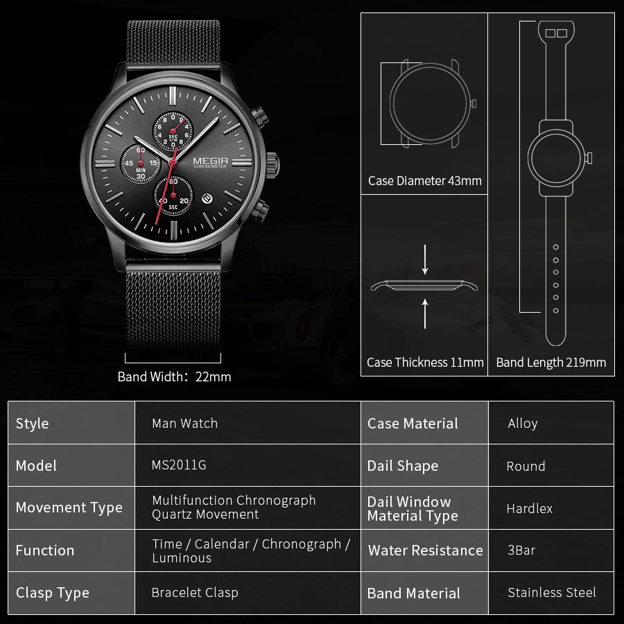 MEGIR Men's Quartz Watch Luxury Steel Mesh Bracelet Wristwatch Waterproof Business Casual Clock Date Chronograph Reloj Hombre 2011