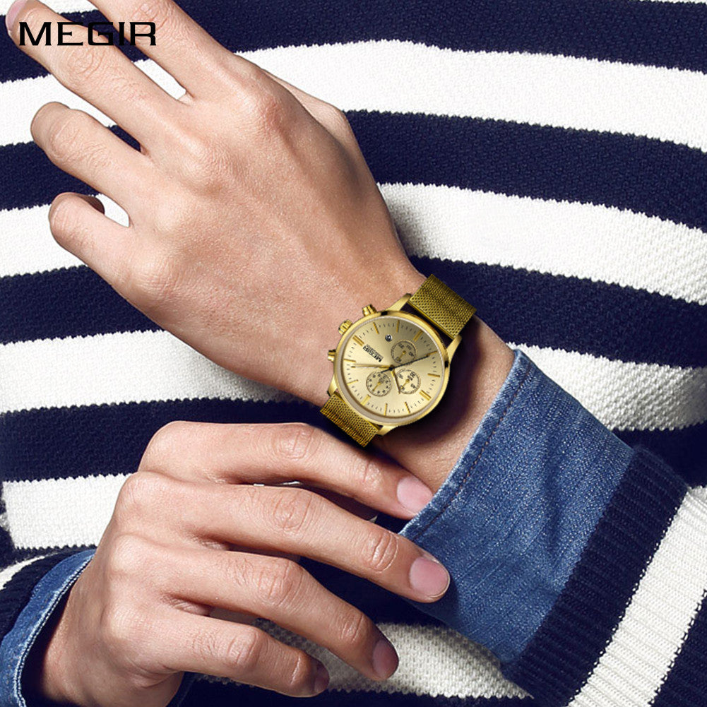 MEGIR Men's Quartz Watch Luxury Steel Mesh Bracelet Wristwatch Waterproof Business Casual Clock Date Chronograph Reloj Hombre 2011