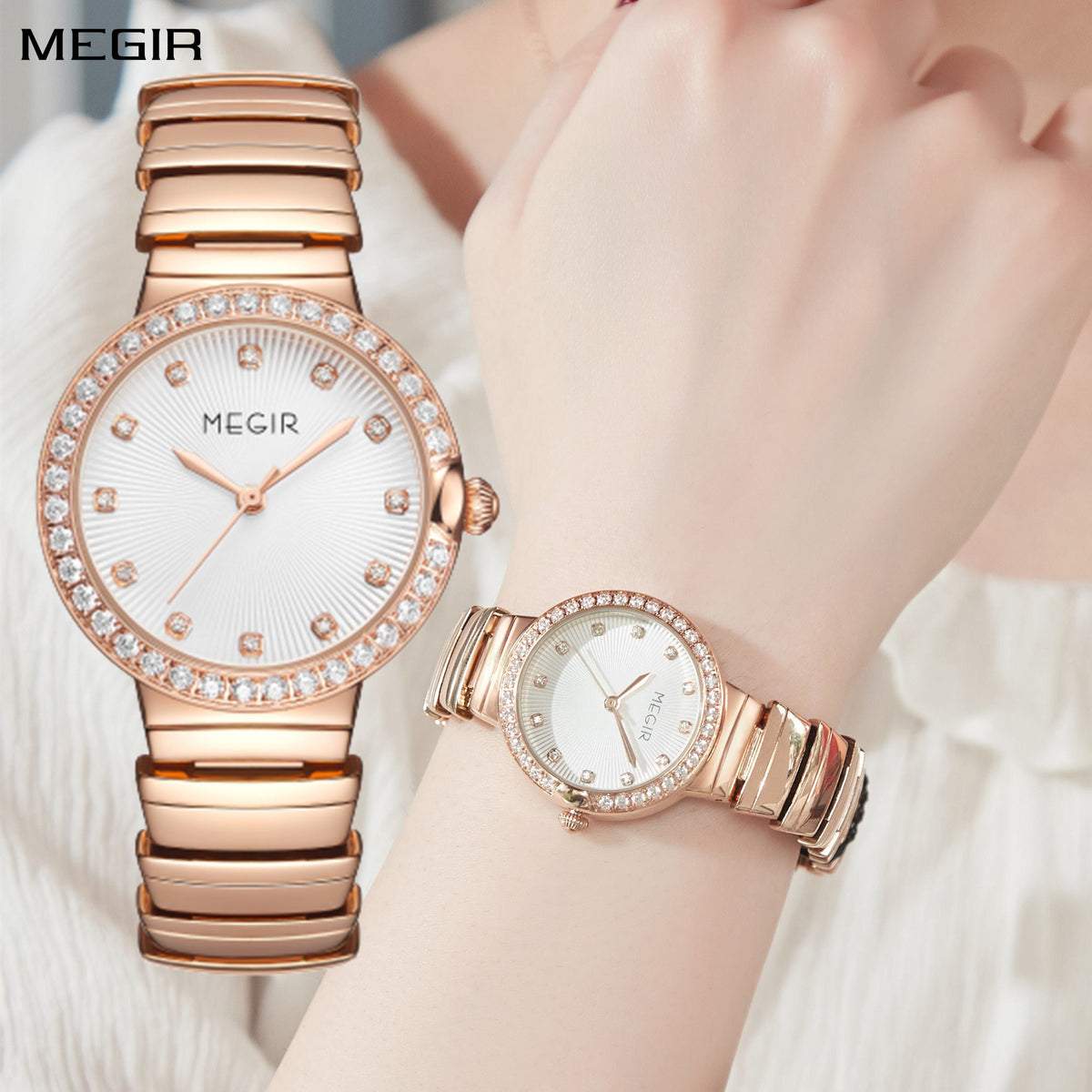 MEGIR Luxury Stainless Steel Strap Watches for Women Fashion Casual Quartz WristWatch Ladies Big Dial Dress Clock Reloj Hombre 7010