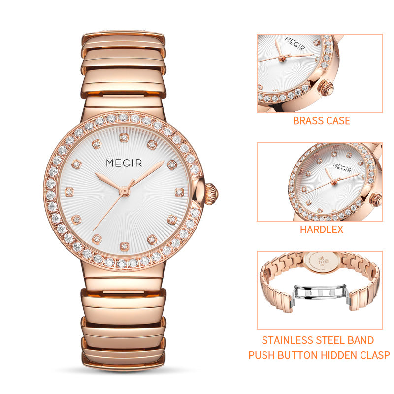 MEGIR Luxury Stainless Steel Strap Watches for Women Fashion Casual Quartz WristWatch Ladies Big Dial Dress Clock Reloj Hombre 7010