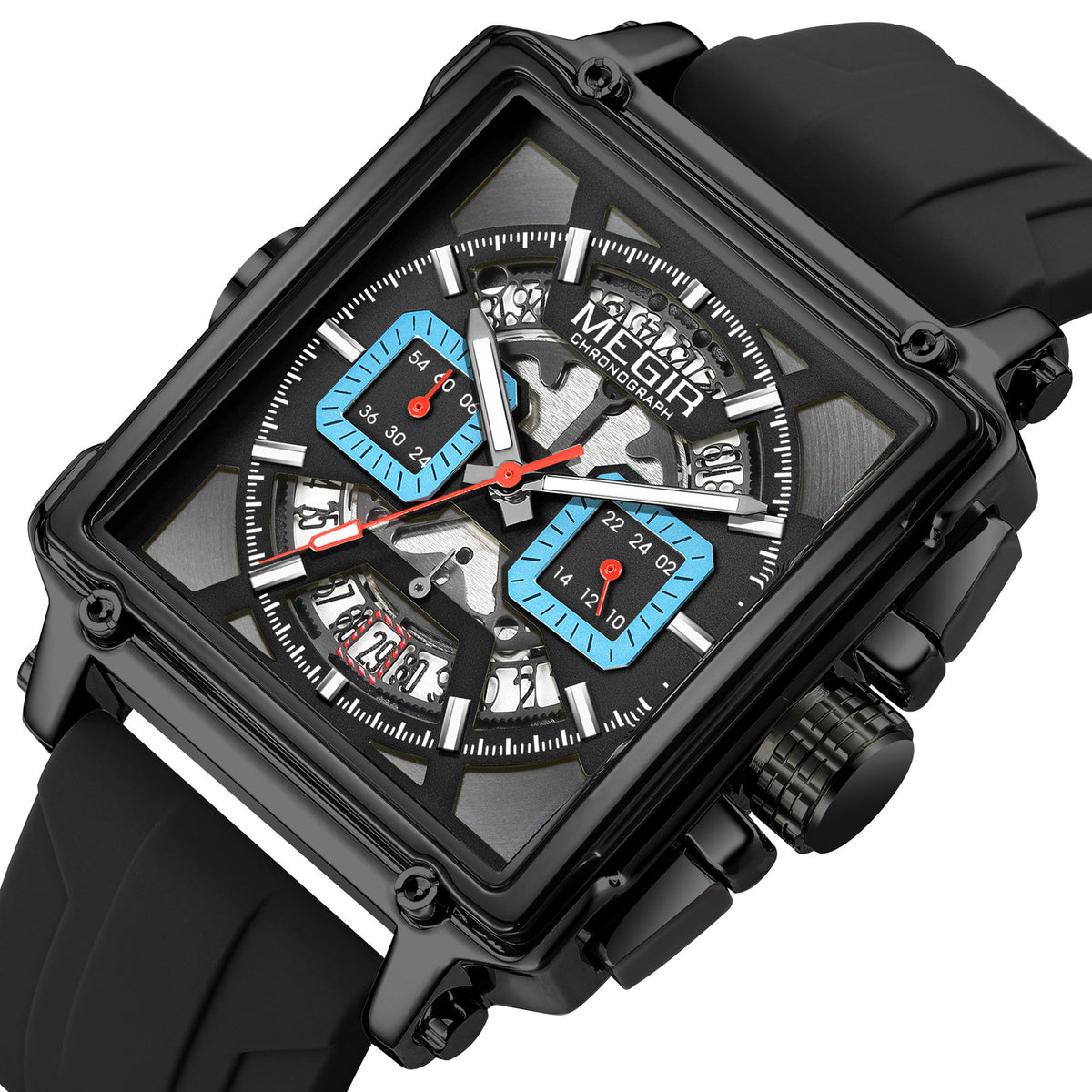 MEGIR Sport Watches for Men Waterproof Quartz Military Wristwatches Square Dial Male Chronograph Watch 24-hour Reloj Hombre 2233