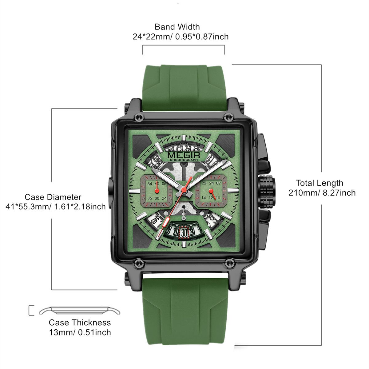 MEGIR Sport Watches for Men Waterproof Quartz Military Wristwatches Square Dial Male Chronograph Watch 24-hour Reloj Hombre 2233