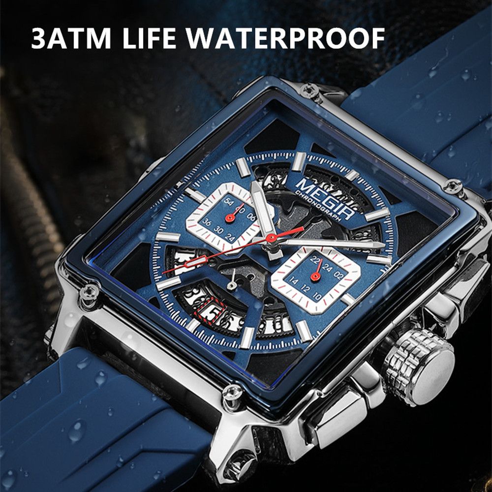 MEGIR Sport Watches for Men Waterproof Quartz Military Wristwatches Square Dial Male Chronograph Watch 24-hour Reloj Hombre 2233