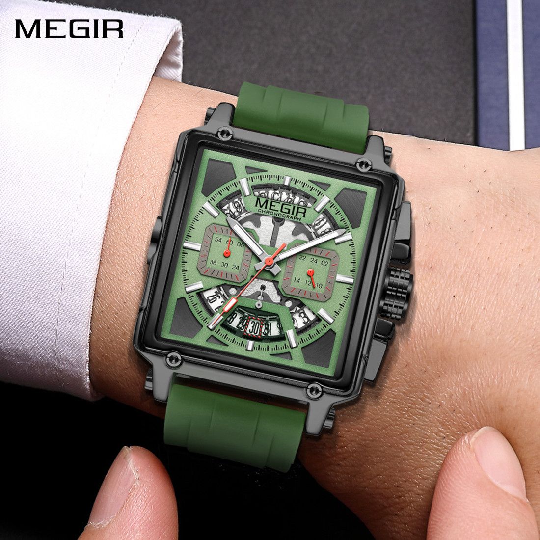 MEGIR Sport Watches for Men Waterproof Quartz Military Wristwatches Square Dial Male Chronograph Watch 24-hour Reloj Hombre 2233