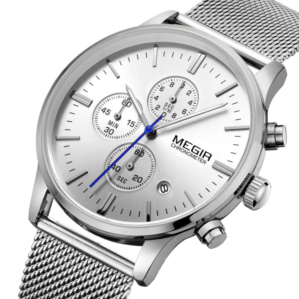 MEGIR Men's Quartz Watch Luxury Steel Mesh Bracelet Wristwatch Waterproof Business Casual Clock Date Chronograph Reloj Hombre 2011