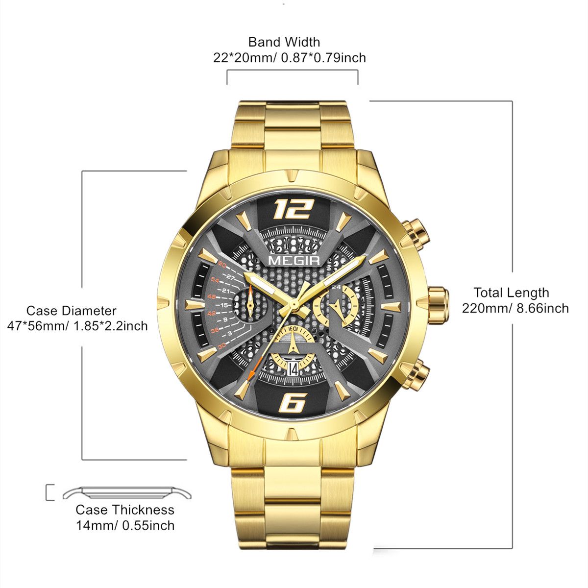 MEGIR Stainless Steel Bracelet Watch for Men Luxury Business Casual Quartz Wristwatch Date Clock Chronograph Big Dial Reloj Hombre 2221