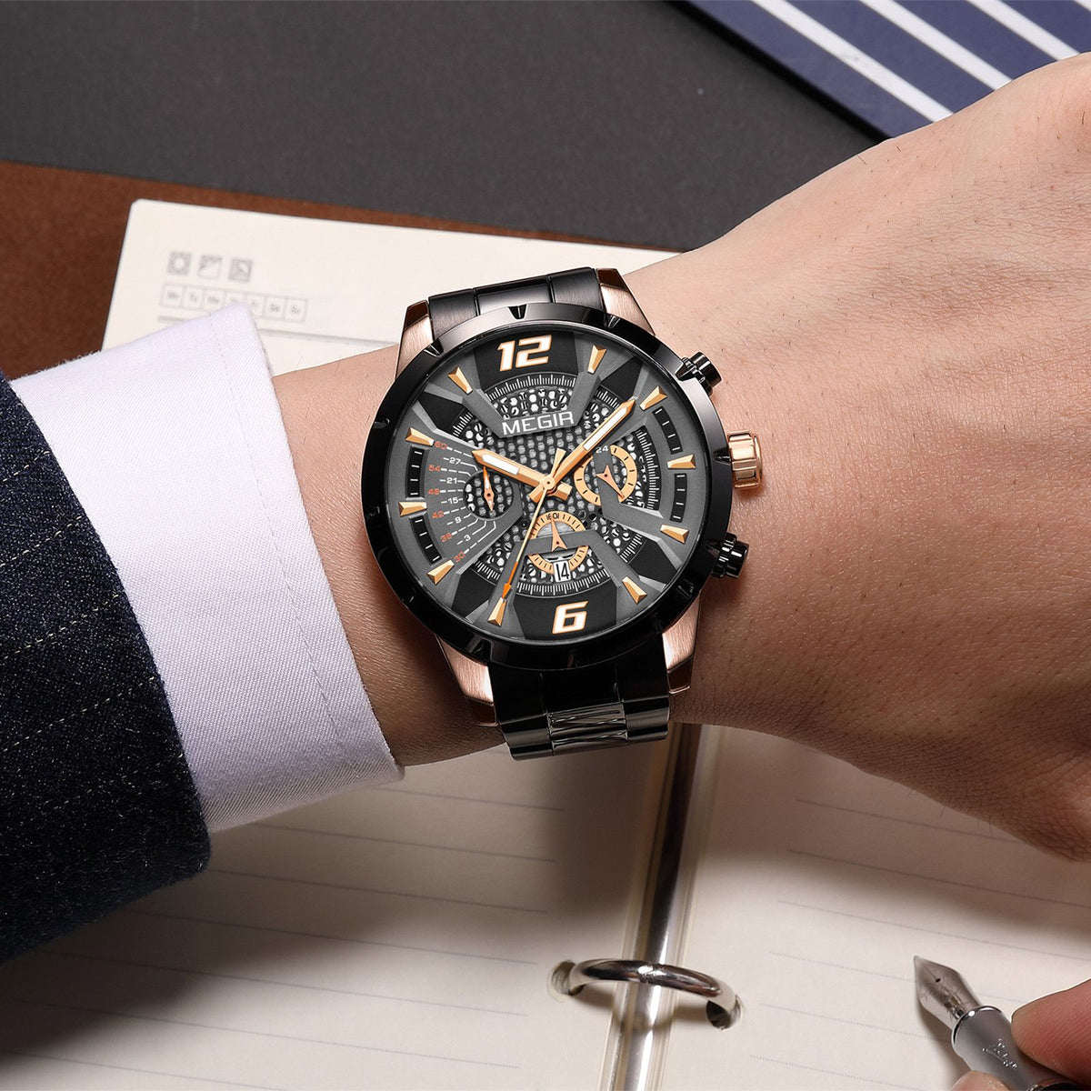 MEGIR Stainless Steel Bracelet Watch for Men Luxury Business Casual Quartz Wristwatch Date Clock Chronograph Big Dial Reloj Hombre 2221
