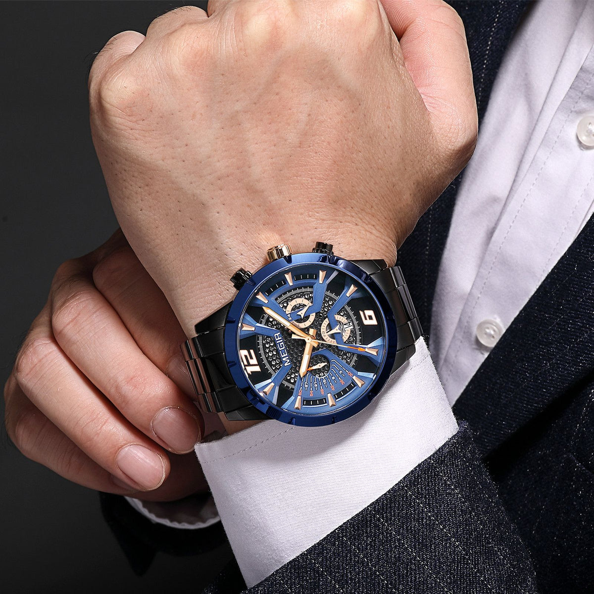 MEGIR Stainless Steel Bracelet Watch for Men Luxury Business Casual Quartz Wristwatch Date Clock Chronograph Big Dial Reloj Hombre 2221