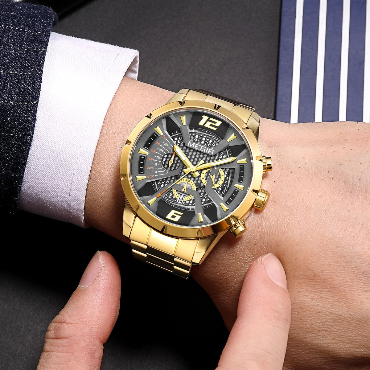 MEGIR Stainless Steel Bracelet Watch for Men Luxury Business Casual Quartz Wristwatch Date Clock Chronograph Big Dial Reloj Hombre 2221