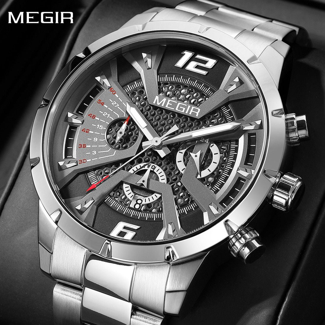 MEGIR Stainless Steel Bracelet Watch for Men Luxury Business Casual Quartz Wristwatch Date Clock Chronograph Big Dial Reloj Hombre 2221