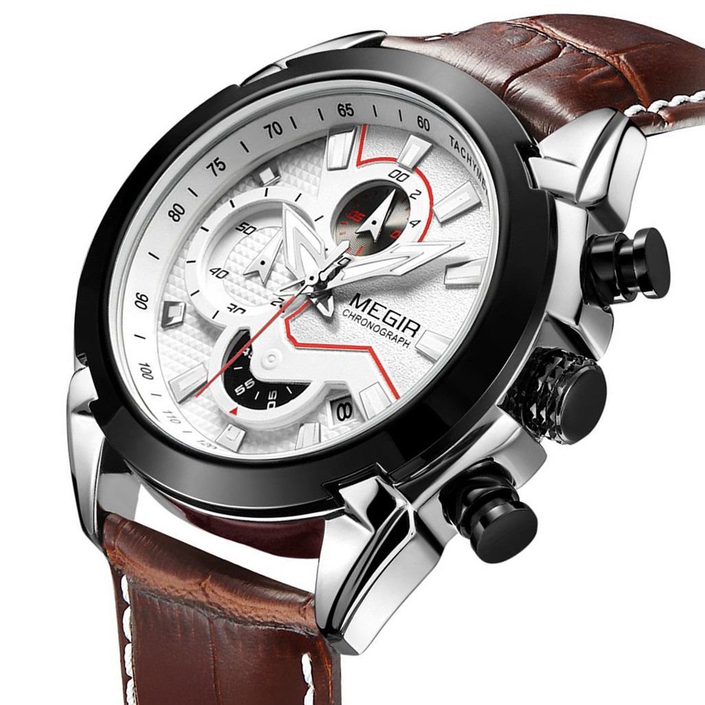 MEGIR Luxury Brand Military Sport Watches for Men Leather Strap Quartz Wristwatch Waterproof Date Chronograph Reloj Hombre 2065