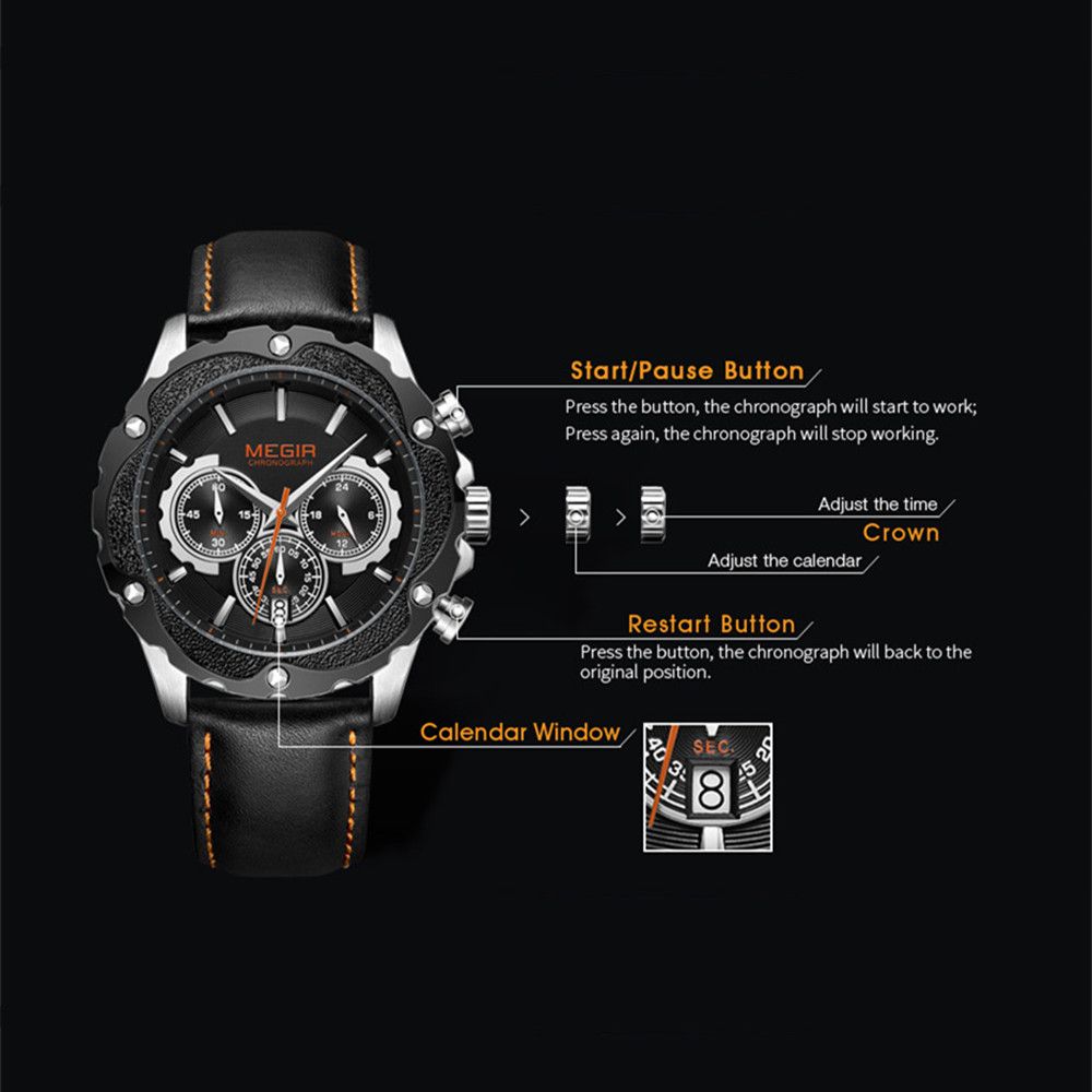 MEGIR Luxury Sport Watches for Men Waterproof Quartz Wrist Watch Chronograph Leather Military Wristwatch Clock Reloj Hombre 2070