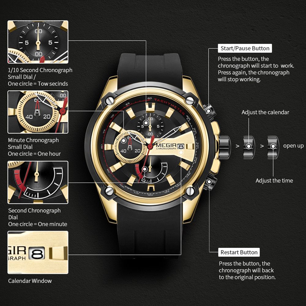 MEGIR Chronograph Luxury Brand Men Sports Watches Silicone Strap Quartz Casual Wristwatch Waterproof Calendar Reloj Hombre 2086