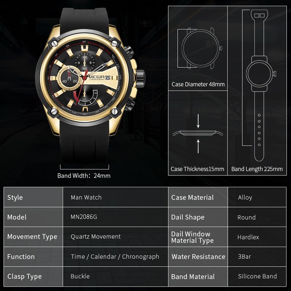 MEGIR Chronograph Luxury Brand Men Sports Watches Silicone Strap Quartz Casual Wristwatch Waterproof Calendar Reloj Hombre 2086