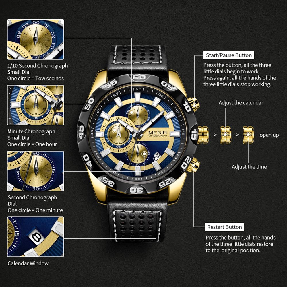 MEGIR Fashion Men's Watch Multifunctional Casual Sport Wristwatch Waterproof Luminous Male Quartz Chronograph Reloj Hombre 2096