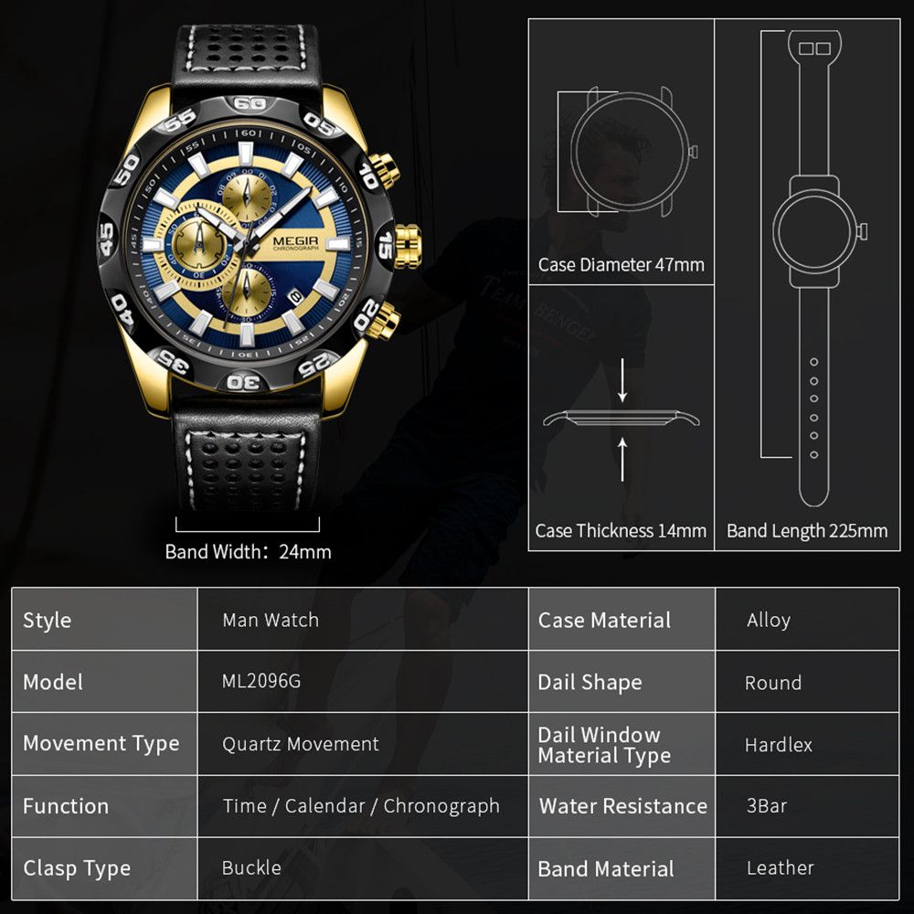 MEGIR Fashion Men's Watch Multifunctional Casual Sport Wristwatch Waterproof Luminous Male Quartz Chronograph Reloj Hombre 2096