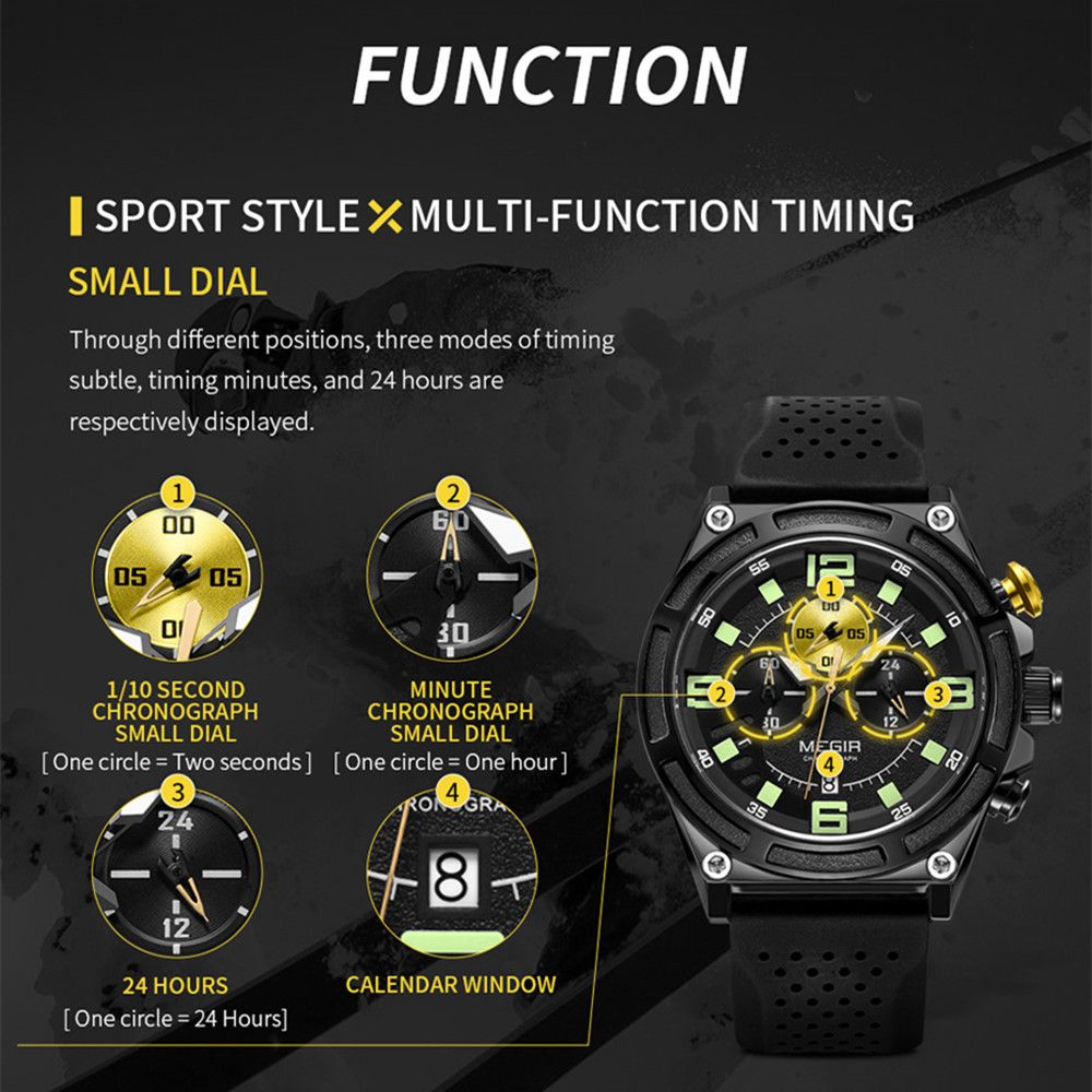 MEGIR Chronograph Luxury Military Sport Watches for Men Waterproof Calendar Silicone Man Quartz Wristwatch Reloj Hombre 2116