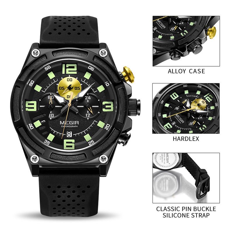 MEGIR Chronograph Luxury Military Sport Watches for Men Waterproof Calendar Silicone Man Quartz Wristwatch Reloj Hombre 2116