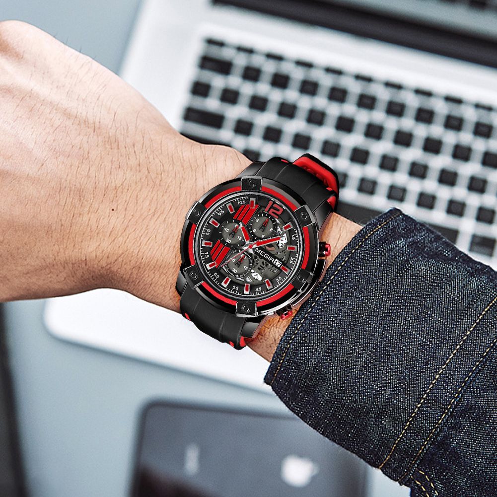 MEGIR Chronograph Mens Sport Watches with Silicone Band Big Dial Military Quartz Watch Men Clock Relogio Masculino Reloj Hombre 2097