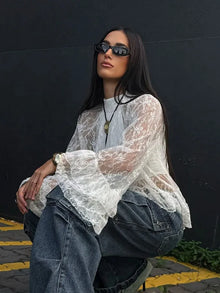 Perspective Hollow Out Gentle Wind Horn Sleeve White Lace Shirt Female Senior Sense