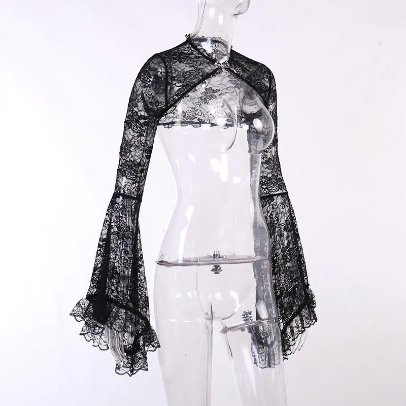 Lace Gothic See Through Shrug Tops Grunge Aesthetic Black Flare Sleeve Crop Top Women Vintage Punk Sexy Clothing