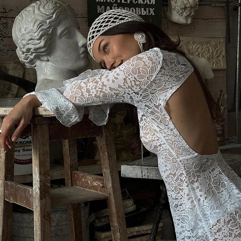 Wholesale Open Back Floral Lace Flare Sleeve Beach Cover Dress OEM Supported for Global Summer Bikini Cover Market