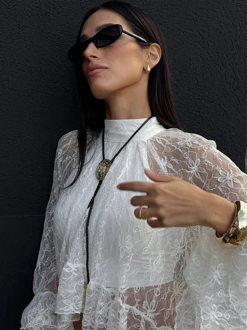 Perspective Hollow Out Gentle Wind Horn Sleeve White Lace Shirt Female Senior Sense