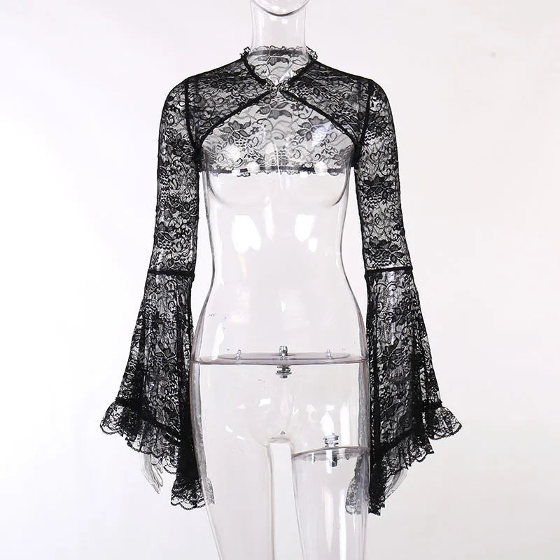 Lace Gothic See Through Shrug Tops Grunge Aesthetic Black Flare Sleeve Crop Top Women Vintage Punk Sexy Clothing